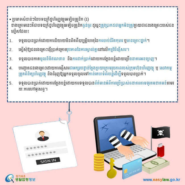 • ប្រភេទសំខាន់ៗនៃបទឧក្រិដ្ឋហិរញ្ញវត្ថុអេឡិចត្រូនិក (1) ខាងក្រោមនេះគឺជាបទឧក្រិដ្ឋហិរញ្ញវត្ថុអេឡិចត្រូនិកធ្ងន់ធ្ងរ ដូច្នេះត្រូវប្រាកដថាអ្នកមិនត្រូវក្លាយជាជនរងគ្រោះរបស់ជនល្មើសដែល៖ 1. ទទួលបានប្រាក់ដោយការនិយាយមិនពិតពីឧប្បត្តិហេតុនៃការចាប់ជំរិតកុមារ ឬមានគ្រោះថ្នាក់។   2. ស្នើសុំឱ្យជនរងគ្រោះផ្ញើប្រាក់ក្រោមរូបភាពនៃការស្គាល់គ្នានៅលើកម្មវិធីផ្ញើសារ។ 3. ទទួលបានកាតមូលនិធិឥណទាន  និងការដាក់ប្រាក់ដោយការក្លែងបន្លំដោយប្រើធនាគារអនឡាញ។ 4. បញ្ឆោតជនរងគ្រោះដោយការផ្ញើសារជាអក្សរបន្ទាន់ក្លែងក្លាយក្រោមរូបភាពរបស់ក្រុមហ៊ុនហិរញ្ញវត្ថុ ឬ សេវាកម្មត្រួតពិនិត្យហិរញ្ញវត្ថុ និងជំរុញឱ្យអ្នកទទួលចូលទៅកាន់គេហទំព័របន្លំដើម្បីទទួលបានប្រាក់។  5. ទទួលបានប្រាក់ដោយការក្លែងបន្លំដោយការទទួលបានព័ត៌មានអំពីការប្រើប្រាស់ធនាគារតាមទូរគមនាគមន៍តាមរយៈការហៅទូរសព្ទ។